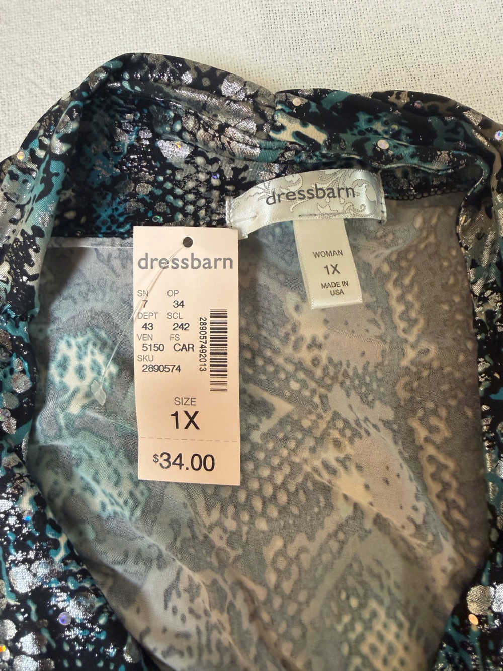 4/$20 dressbarn Teal, Black & Silver Metallic Snake-Print Short Sleeve Blouse - Picture 6 of 7